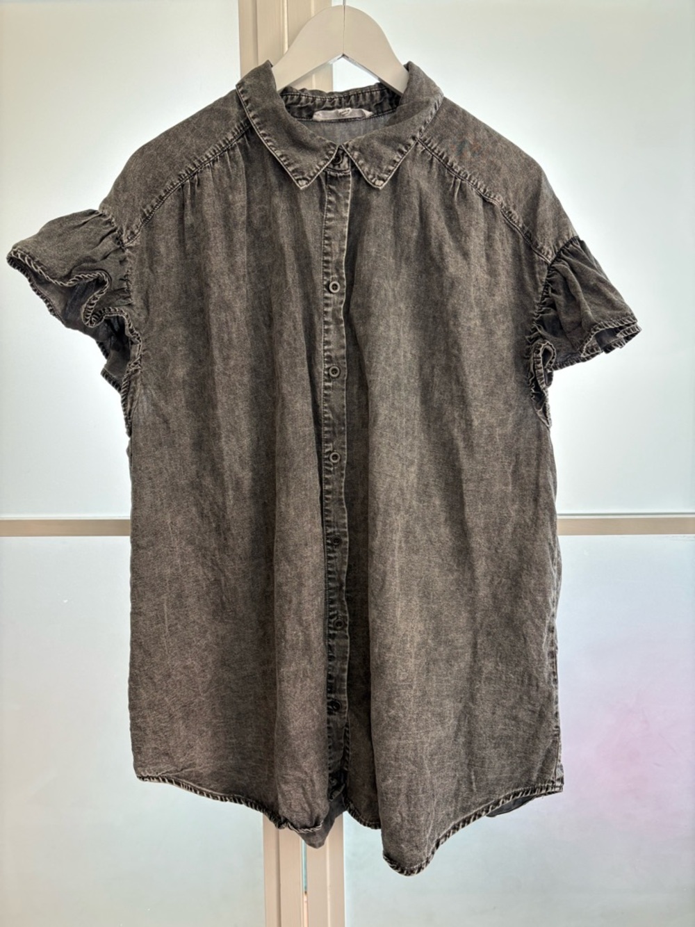 Washed Black Short-Sleeve Button-Down Shirt with ruffled sleeves